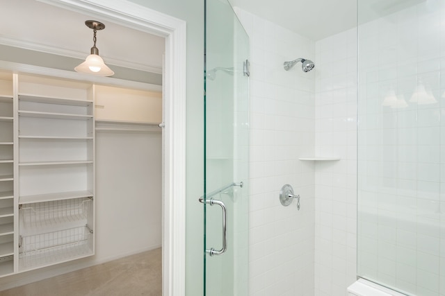 bathroom with a walk in closet and a shower stall