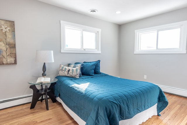 bedroom featuring visible vents, light wood-style flooring, and baseboard heating