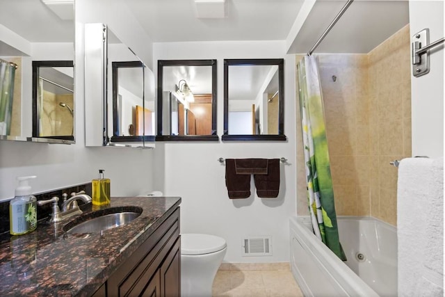 bathroom featuring visible vents, toilet, tile patterned flooring, shower / bathtub combination with curtain, and vanity