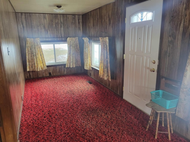 foyer entrance featuring wooden walls and carpet flooring