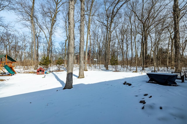 yard covered in snow with a playground