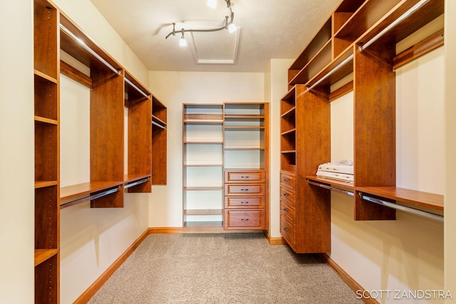 spacious closet featuring light carpet and built in desk