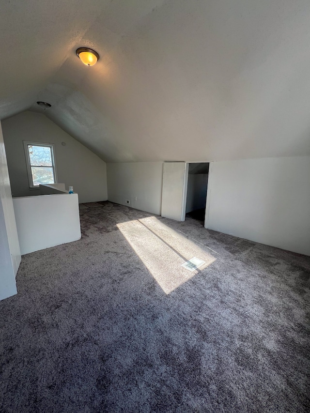 additional living space featuring carpet floors, visible vents, and vaulted ceiling