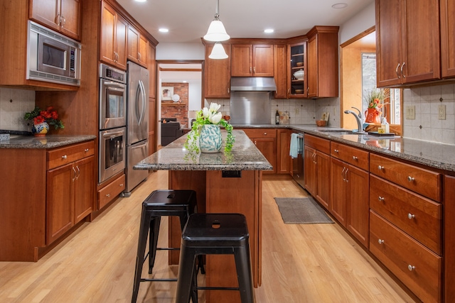 kitchen featuring stainless steel appliances, a sink, under cabinet range hood, and light wood-style flooring