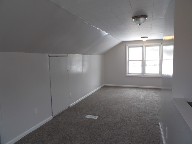 additional living space featuring carpet, visible vents, vaulted ceiling, and baseboards