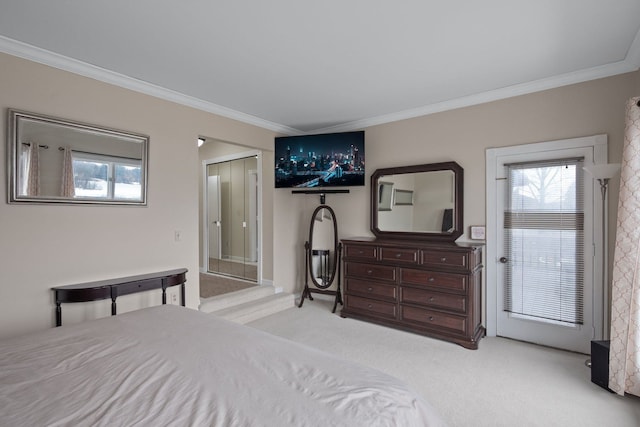 carpeted bedroom with crown molding