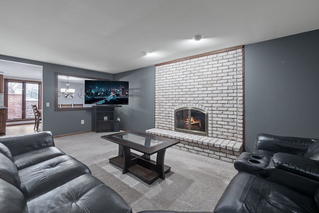 living room with a fireplace, baseboards, and carpet