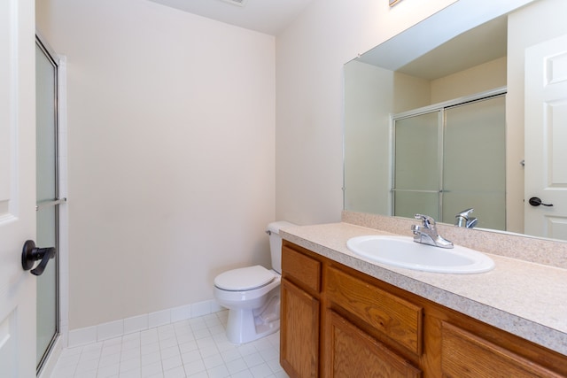 full bath with toilet, a shower with shower door, tile patterned flooring, and vanity