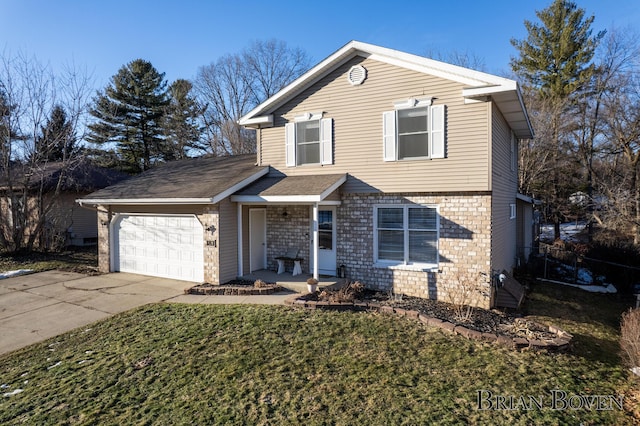 traditional home featuring concrete driveway, brick siding, an attached garage, and a front yard