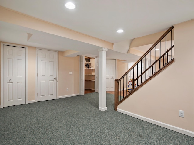 finished below grade area featuring carpet, stairs, baseboards, and recessed lighting