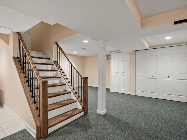 stairs featuring carpet floors, recessed lighting, decorative columns, and baseboards