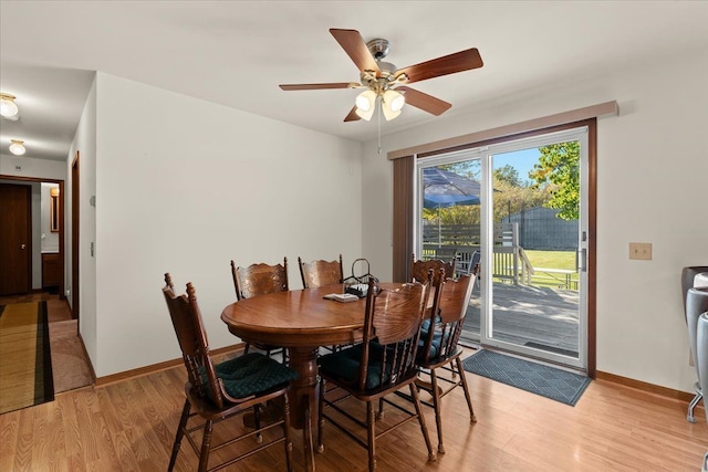 dining space featuring light wood-style floors, ceiling fan, and baseboards