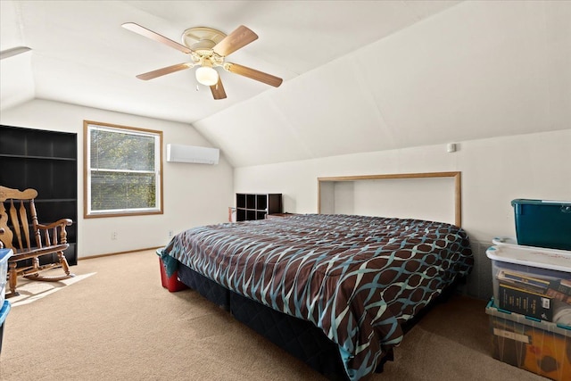 carpeted bedroom with lofted ceiling, a ceiling fan, and an AC wall unit