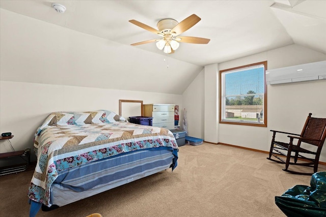 bedroom featuring a wall unit AC, light colored carpet, a ceiling fan, and lofted ceiling