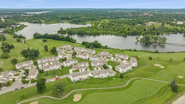 birds eye view of property with a water view, view of golf course, and a residential view