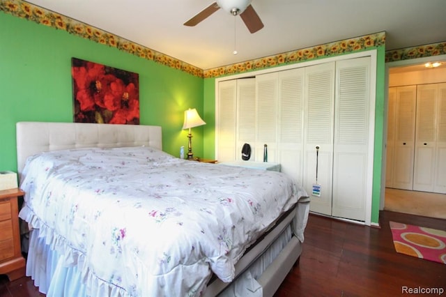 bedroom featuring ceiling fan and dark wood-type flooring