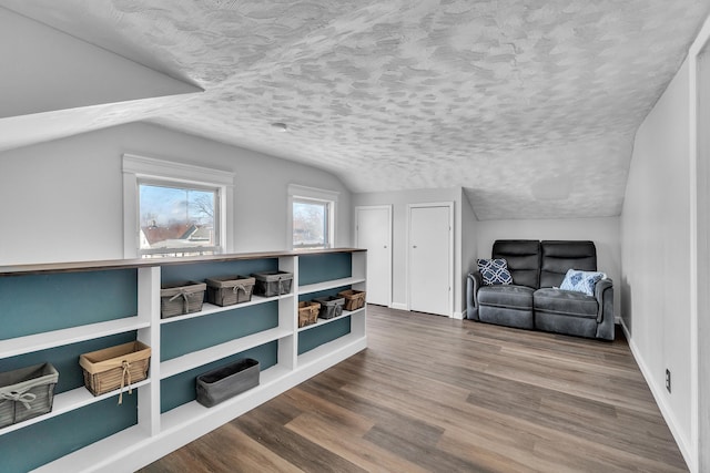 interior space featuring lofted ceiling, a textured ceiling, and wood finished floors