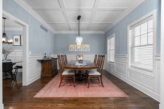 dining area with visible vents, a chandelier, coffered ceiling, and dark wood-style flooring