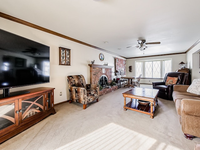 carpeted living area with a ceiling fan, a fireplace, crown molding, and baseboards