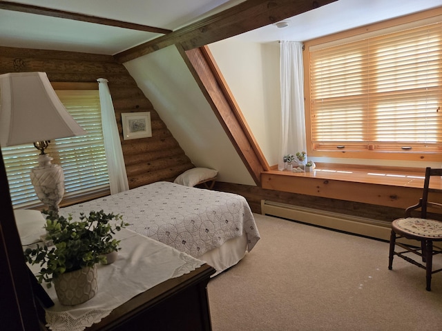 bedroom with beam ceiling, log walls, baseboard heating, and carpet flooring