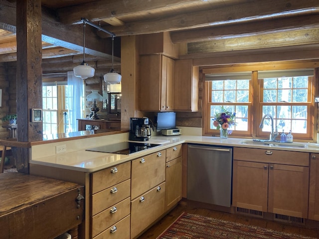 kitchen featuring beam ceiling, black electric cooktop, light countertops, stainless steel dishwasher, and a sink