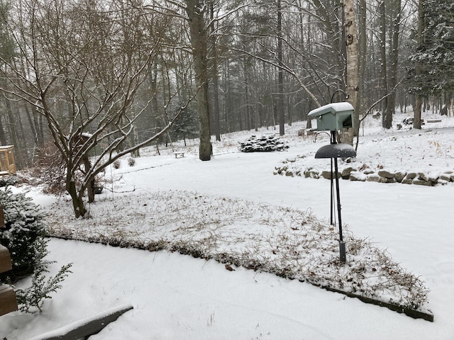 yard layered in snow featuring a garage