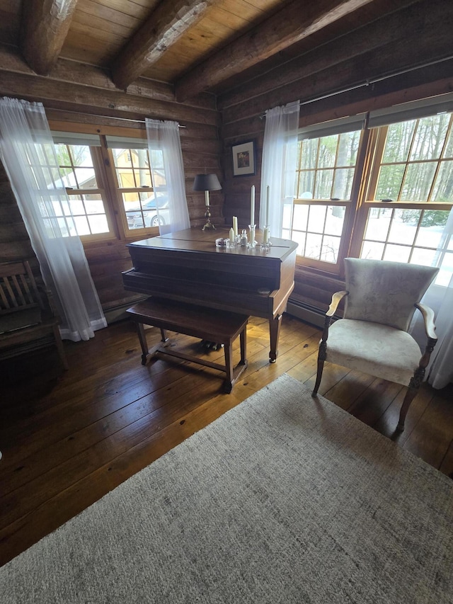 living area featuring rustic walls, wood ceiling, beam ceiling, and hardwood / wood-style floors