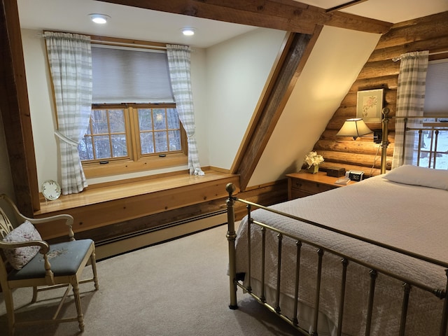 bedroom featuring carpet floors, recessed lighting, a baseboard heating unit, and log walls