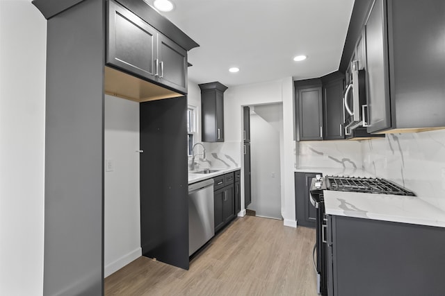 kitchen featuring stainless steel appliances, light wood finished floors, a sink, and decorative backsplash