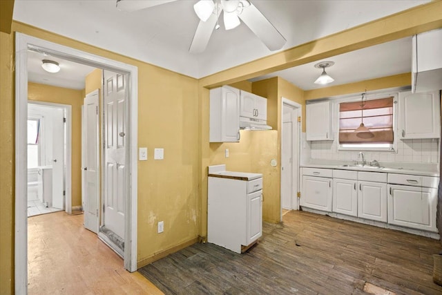 kitchen featuring tasteful backsplash, wood finished floors, light countertops, white cabinetry, and a sink