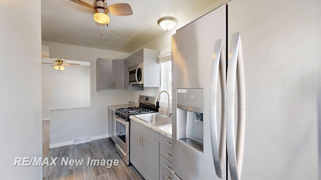 kitchen featuring gray cabinetry, a sink, visible vents, light countertops, and appliances with stainless steel finishes