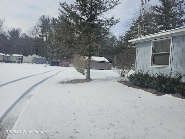 yard covered in snow with a detached garage