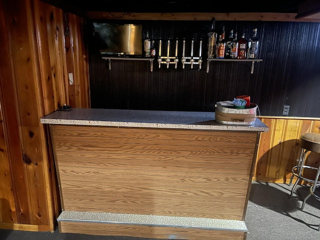 bar with wood walls and a dry bar