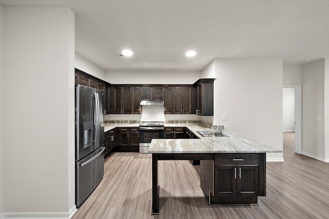 kitchen featuring dark brown cabinetry, under cabinet range hood, stainless steel appliances, a peninsula, and a sink