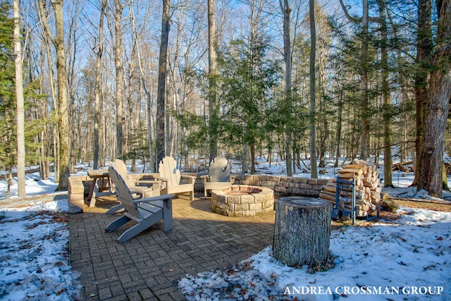 yard covered in snow with a patio area and a fire pit