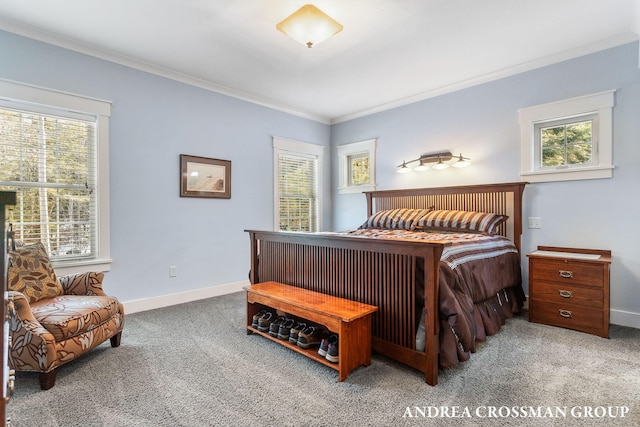 carpeted bedroom featuring multiple windows, crown molding, and baseboards