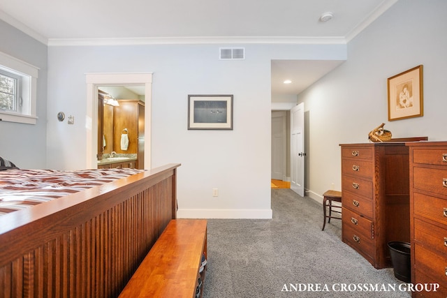 bedroom with visible vents, crown molding, light carpet, and baseboards