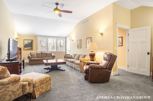 living area featuring lofted ceiling, visible vents, a ceiling fan, light carpet, and baseboards