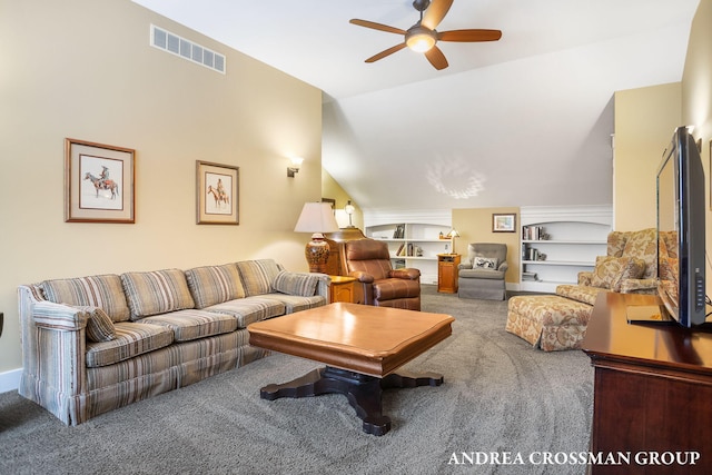 carpeted living area featuring built in features, visible vents, vaulted ceiling, and ceiling fan