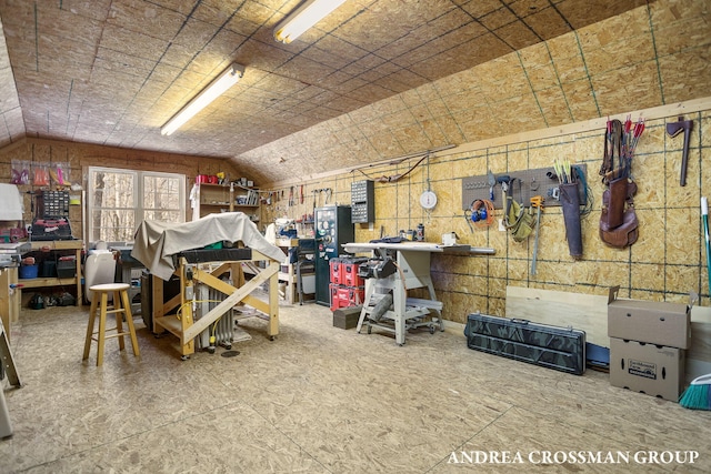 miscellaneous room with vaulted ceiling and a workshop area