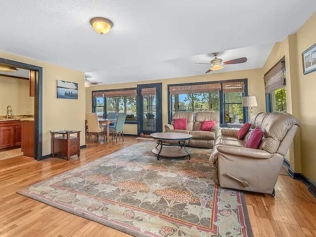 living area with a healthy amount of sunlight, ceiling fan, and light wood-style flooring