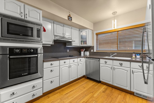 kitchen featuring under cabinet range hood, a sink, appliances with stainless steel finishes, light wood-type flooring, and dark countertops