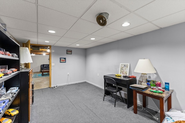 carpeted office featuring recessed lighting, a paneled ceiling, and baseboards