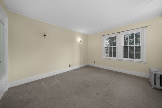 spare room featuring crown molding, carpet, and baseboards