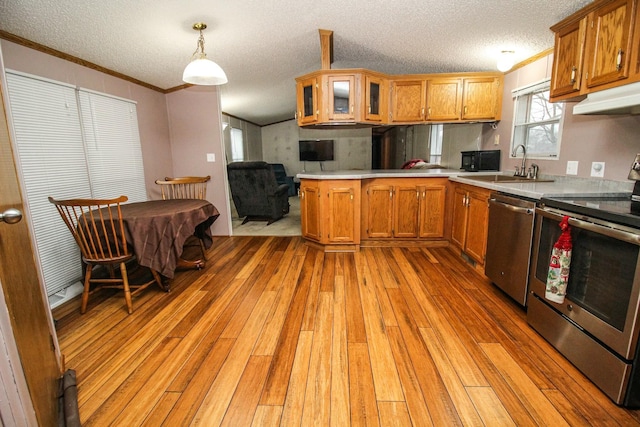 kitchen featuring stainless steel appliances, a peninsula, light wood-style floors, glass insert cabinets, and pendant lighting