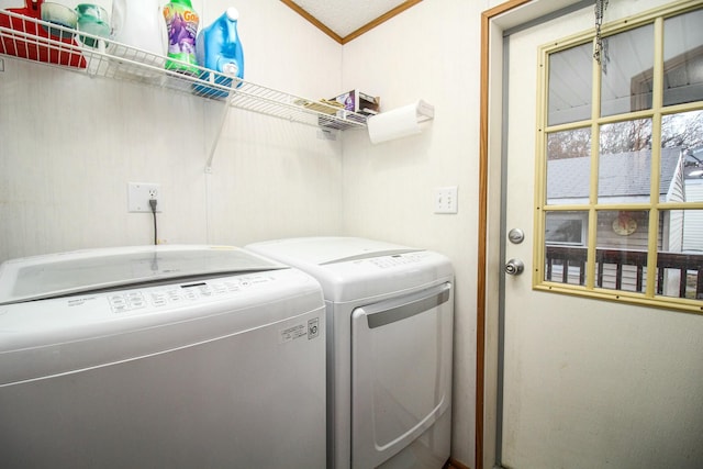 laundry area featuring laundry area, separate washer and dryer, and crown molding