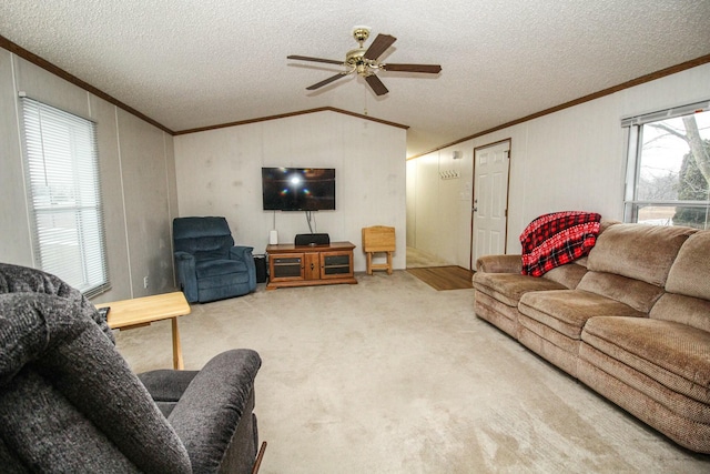 living room with carpet, lofted ceiling, ornamental molding, ceiling fan, and a textured ceiling