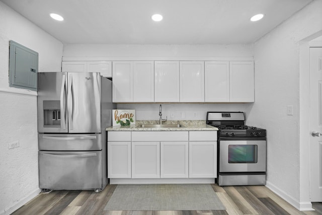 kitchen with electric panel, stainless steel appliances, a sink, and wood finished floors