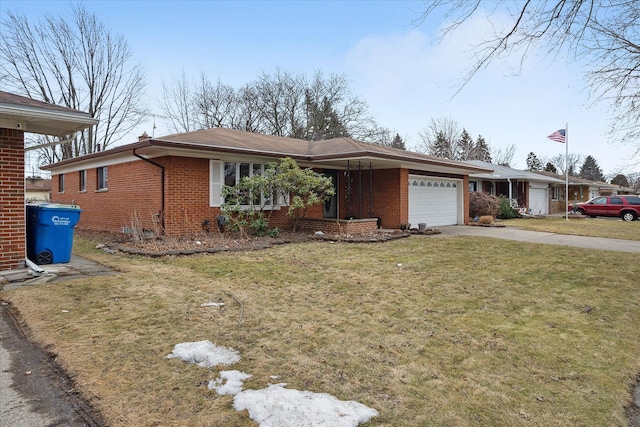 ranch-style home featuring a garage, concrete driveway, brick siding, and a front yard