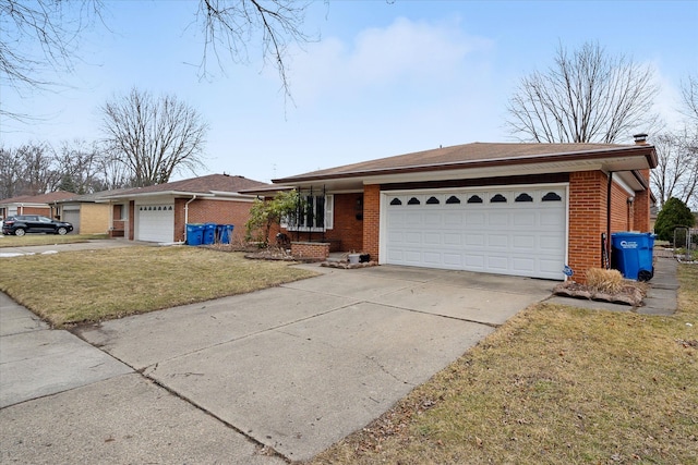 single story home featuring a garage, brick siding, driveway, and a front lawn